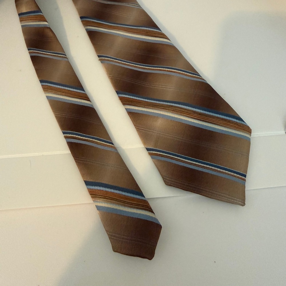 Haband of Paterson NJ Mens Striped Silk Blend Tie Brown Blue USA Made RN 43170